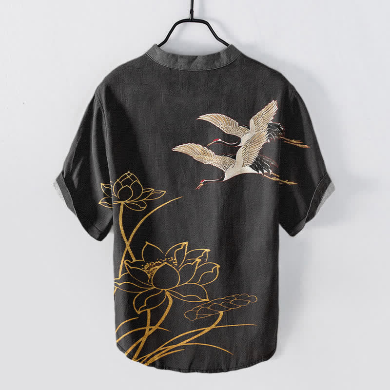 Nimara Ritual Cotton Crane Golden Lotus Pattern Men's Short Sleeve Half Button Shirt