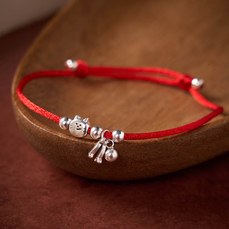 Nimara Ritual 925 Sterling Silver Cute Cat Fish Red String Blessing Bracelet
