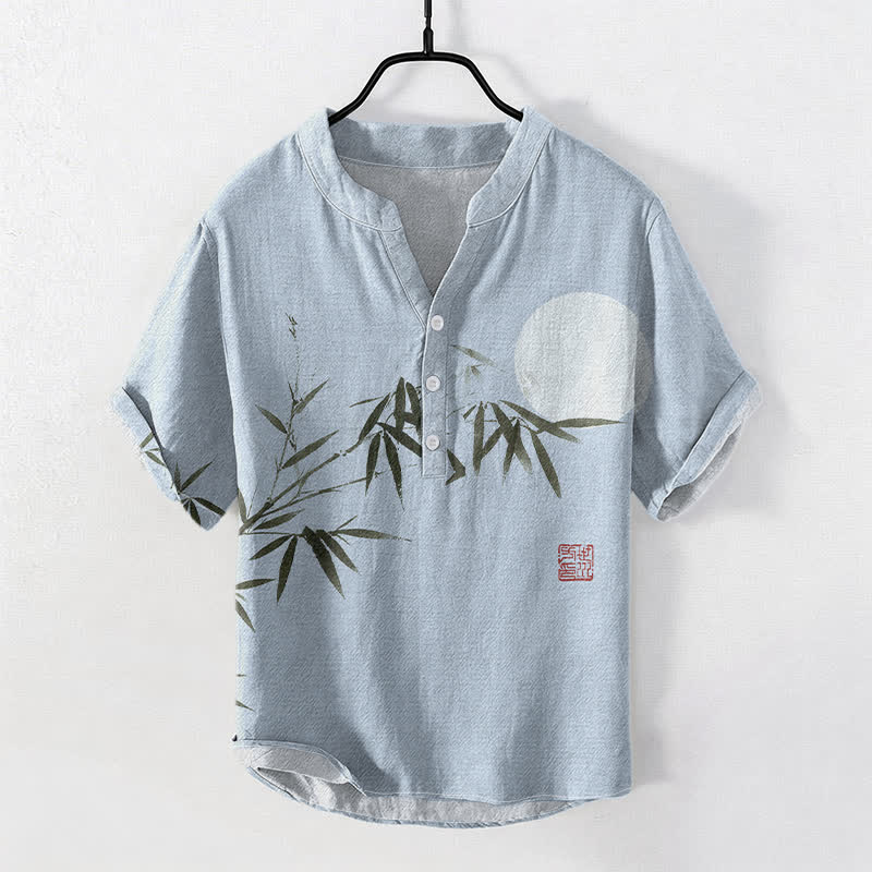 Nimara Ritual Cotton Ink Bamboo Moon Pattern Men's Short Sleeve Half Button Shirt