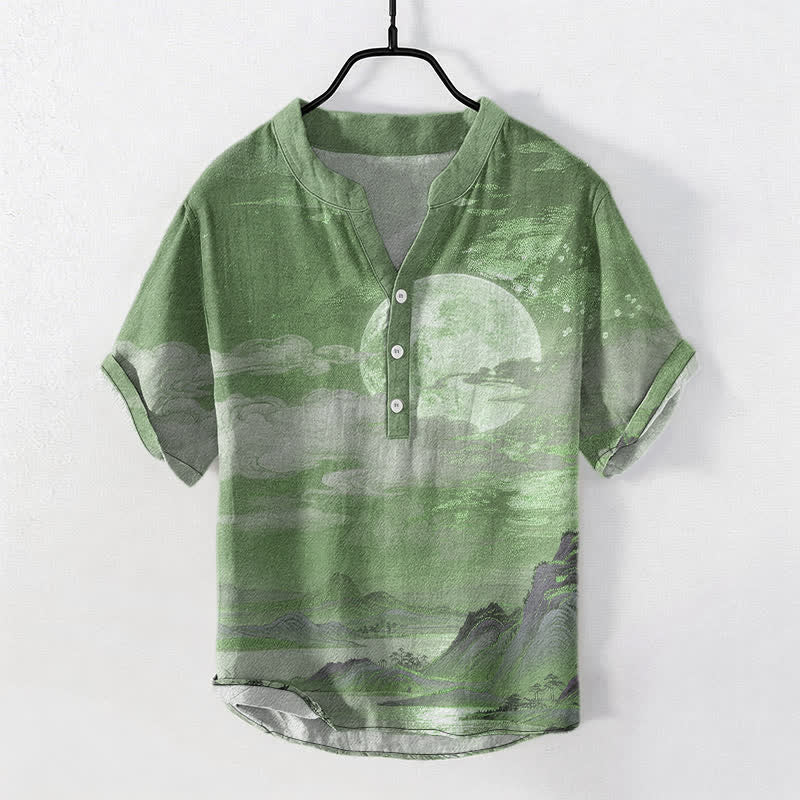 Nimara Ritual Cotton Moon Cloud Mountain Pattern Men's Short Sleeve Half Button Shirt