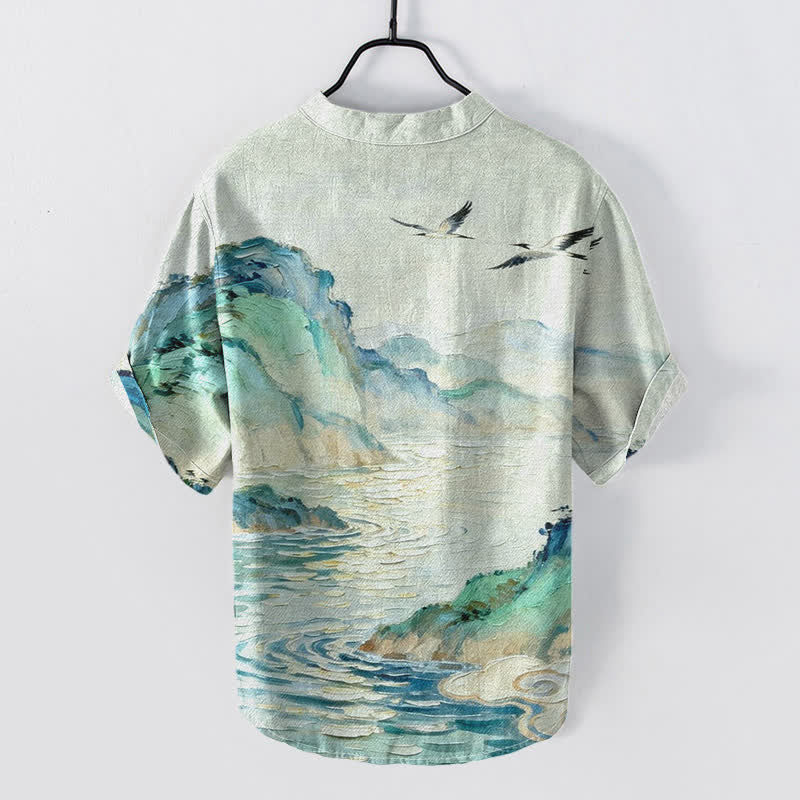 Nimara Ritual Cotton Coastal Watercolor Landscape Pattern Men's Short Sleeve Half Button Shirt