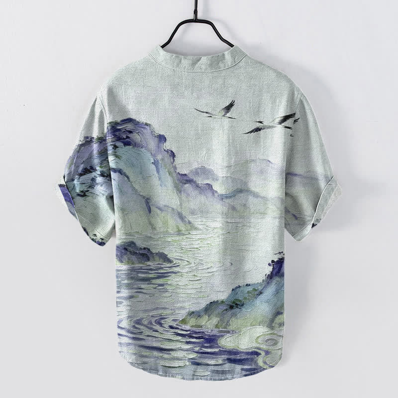 Nimara Ritual Cotton Coastal Watercolor Landscape Pattern Men's Short Sleeve Half Button Shirt