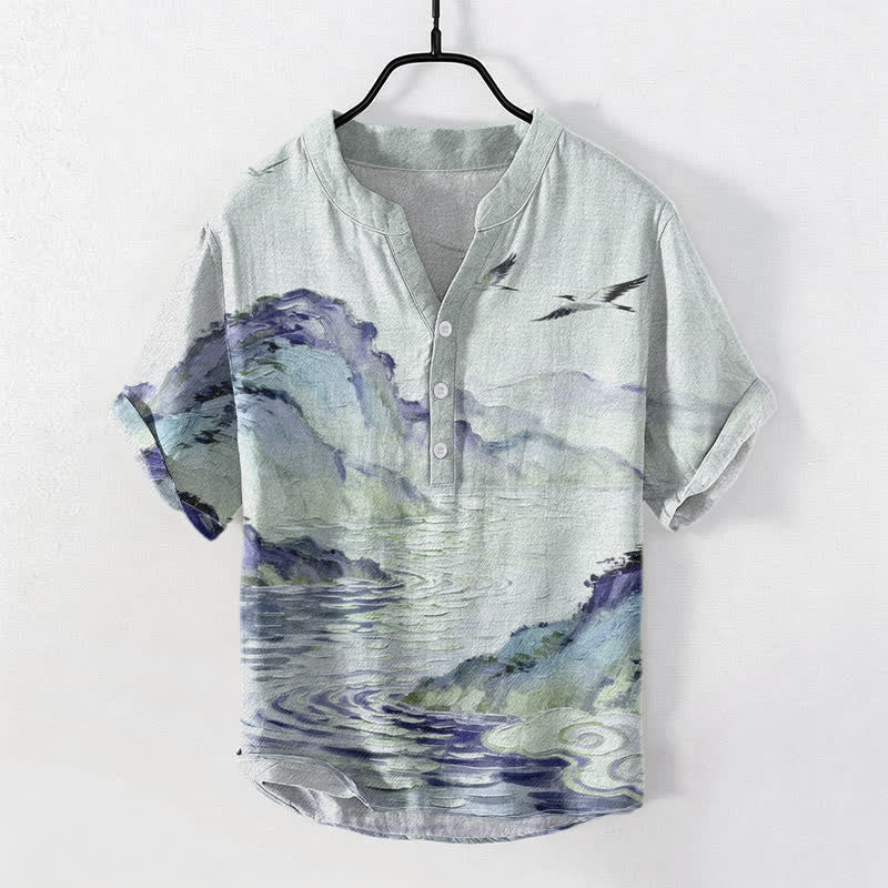 Nimara Ritual Cotton Coastal Watercolor Landscape Pattern Men's Short Sleeve Half Button Shirt