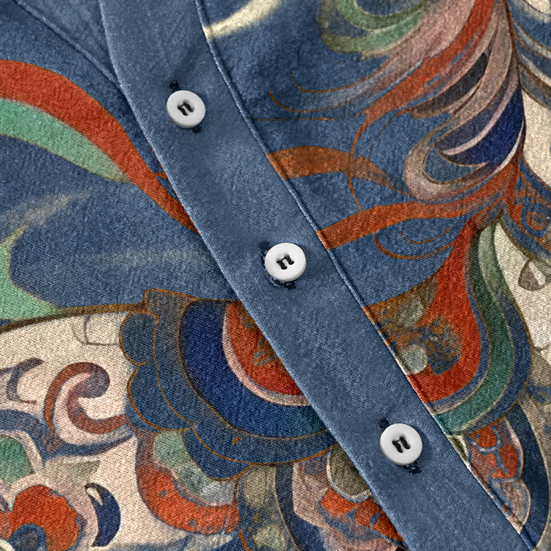 Nimara Ritual Cotton Ornamental Running Horse Pattern Men's Short Sleeve Half Button Shirt