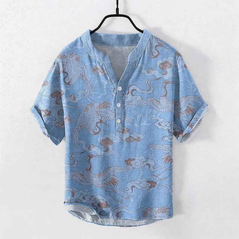 Nimara Ritual Cotton Crane Clouds Pattern Men's Short Sleeve Half Button Shirt