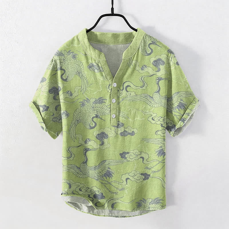 Nimara Ritual Cotton Crane Clouds Pattern Men's Short Sleeve Half Button Shirt