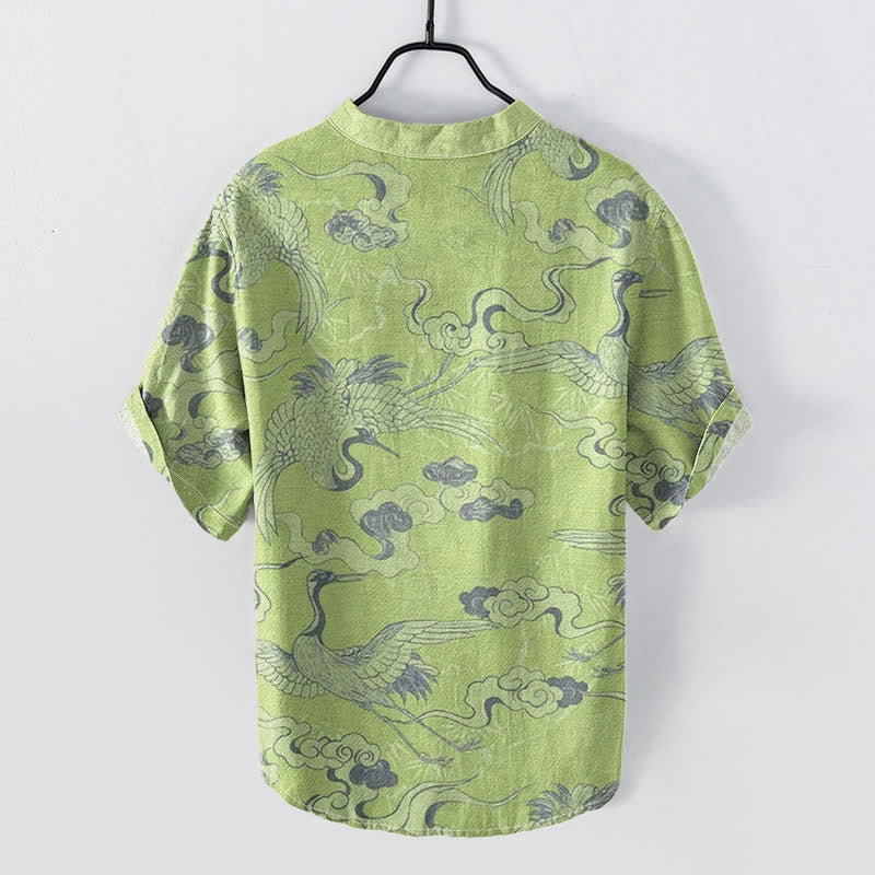 Nimara Ritual Cotton Crane Clouds Pattern Men's Short Sleeve Half Button Shirt