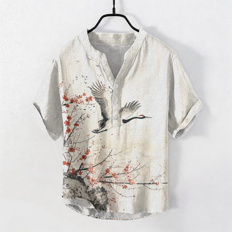 Nimara Ritual Cotton Crane Plum Blossom Pattern Men's Short Sleeve Half Button Shirt
