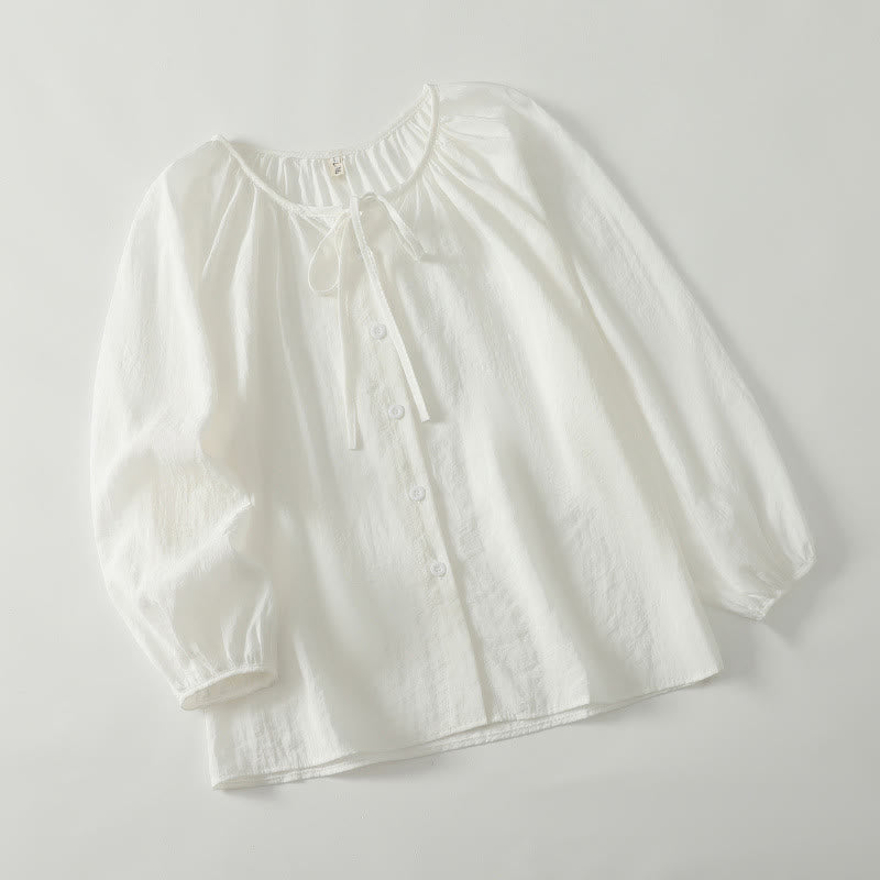 Nimara Ritual Spring Summer Casual Boho Crew Neck Drawstring Button-Up Solid Women's Long Sleeve Shirts