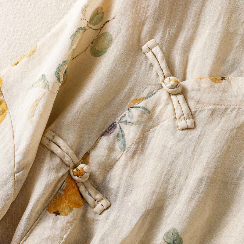 Nimara Ritual Summer Tang Style Vintage Mandarin Collar Loquat Chinese Bayberry Floral Women's Short Sleeve Shirts