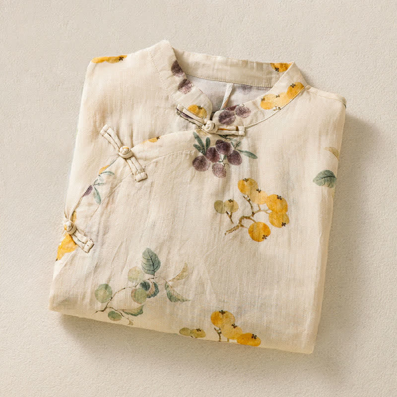 Nimara Ritual Summer Tang Style Vintage Mandarin Collar Loquat Chinese Bayberry Floral Women's Short Sleeve Shirts