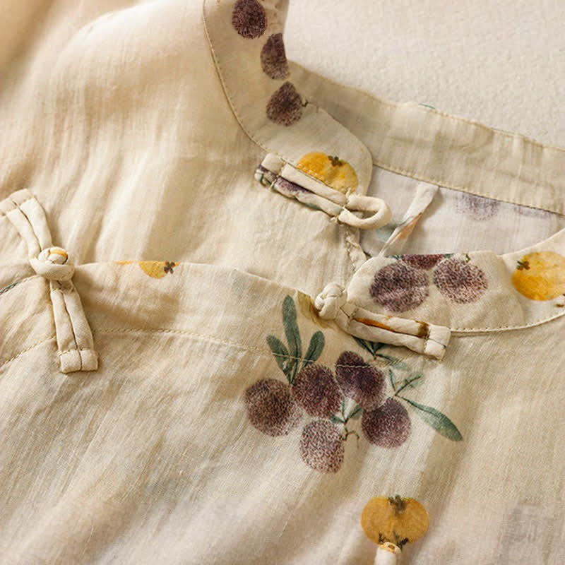 Nimara Ritual Summer Tang Style Vintage Mandarin Collar Loquat Chinese Bayberry Floral Women's Short Sleeve Shirts