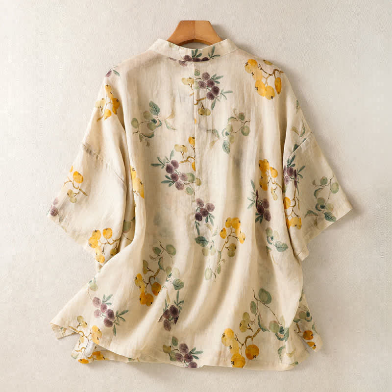Nimara Ritual Summer Tang Style Vintage Mandarin Collar Loquat Chinese Bayberry Floral Women's Short Sleeve Shirts