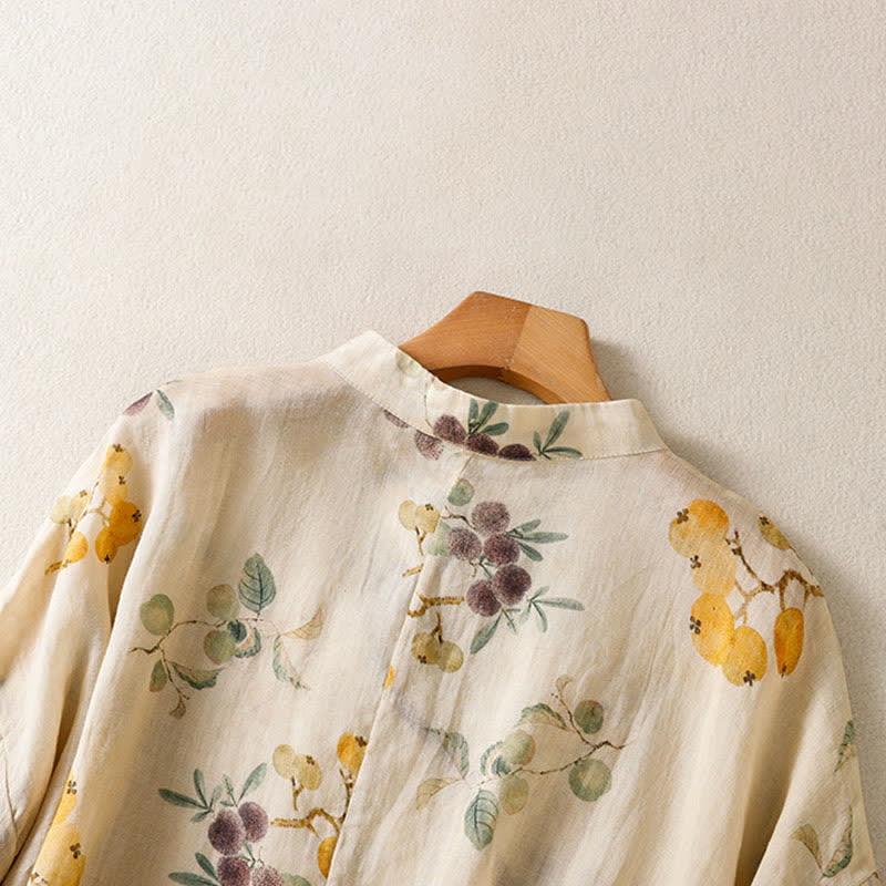 Nimara Ritual Summer Tang Style Vintage Mandarin Collar Loquat Chinese Bayberry Floral Women's Short Sleeve Shirts