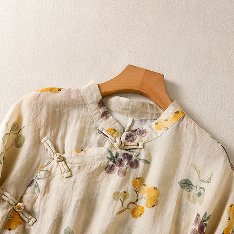 Nimara Ritual Summer Tang Style Vintage Mandarin Collar Loquat Chinese Bayberry Floral Women's Short Sleeve Shirts