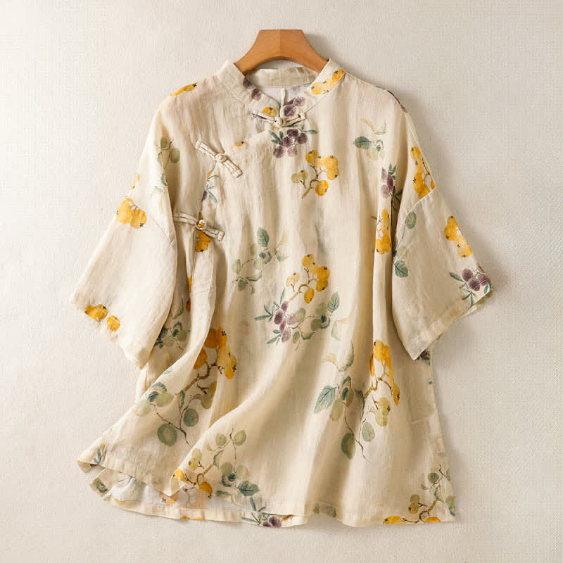 Nimara Ritual Summer Tang Style Vintage Mandarin Collar Loquat Chinese Bayberry Floral Women's Short Sleeve Shirts