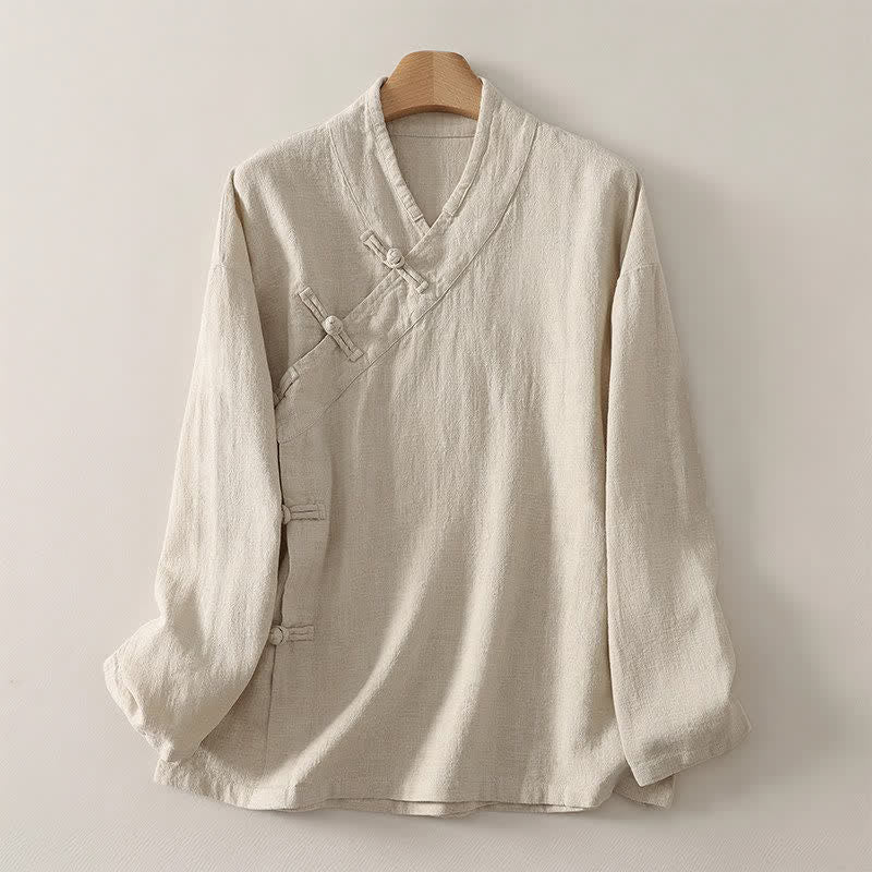 Nimara Ritual Spring Summer Tang Style Minimalist V-Neck Frog Button Solid Women's Long Sleeve Shirts