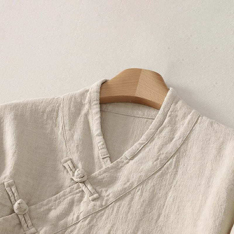 Nimara Ritual Spring Summer Tang Style Minimalist V-Neck Frog Button Solid Women's Long Sleeve Shirts