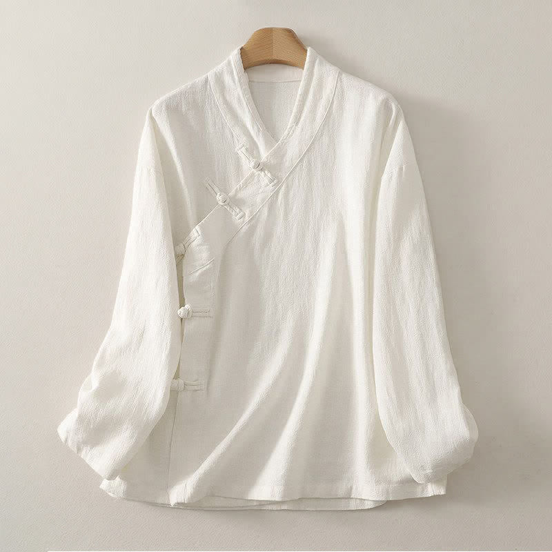 Nimara Ritual Spring Summer Tang Style Minimalist V-Neck Frog Button Solid Women's Long Sleeve Shirts