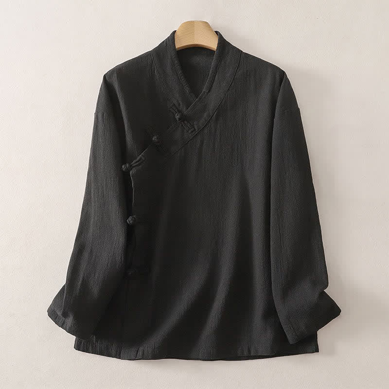 Nimara Ritual Spring Summer Tang Style Minimalist V-Neck Frog Button Solid Women's Long Sleeve Shirts