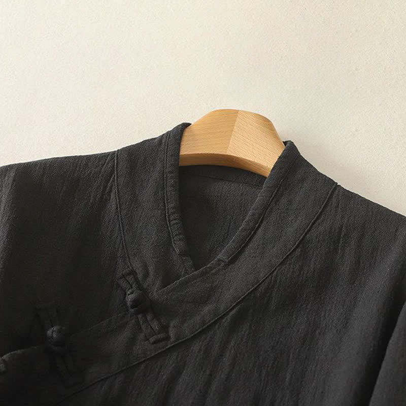 Nimara Ritual Spring Summer Tang Style Minimalist V-Neck Frog Button Solid Women's Long Sleeve Shirts