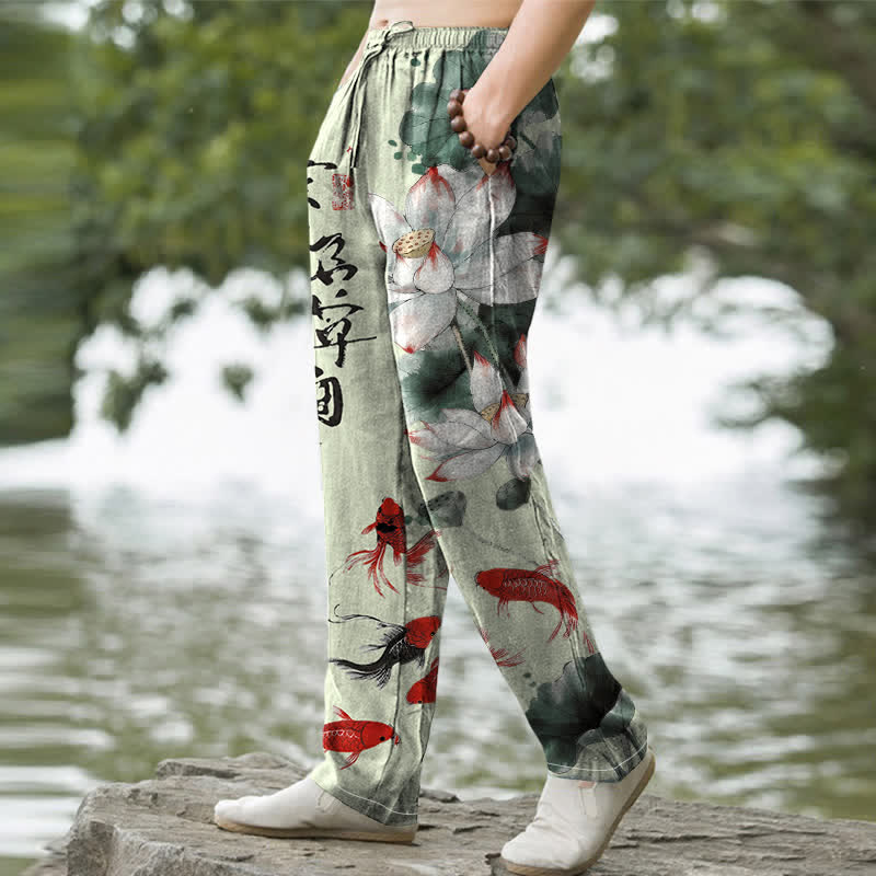 Nimara Ritual Cotton Lotus Koi Fish Ink Wash Pattern Men's Tapered Pants With Pockets