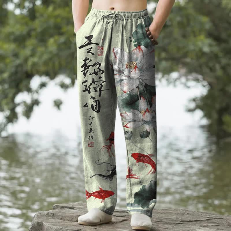 Nimara Ritual Cotton Lotus Koi Fish Ink Wash Pattern Men's Tapered Pants With Pockets
