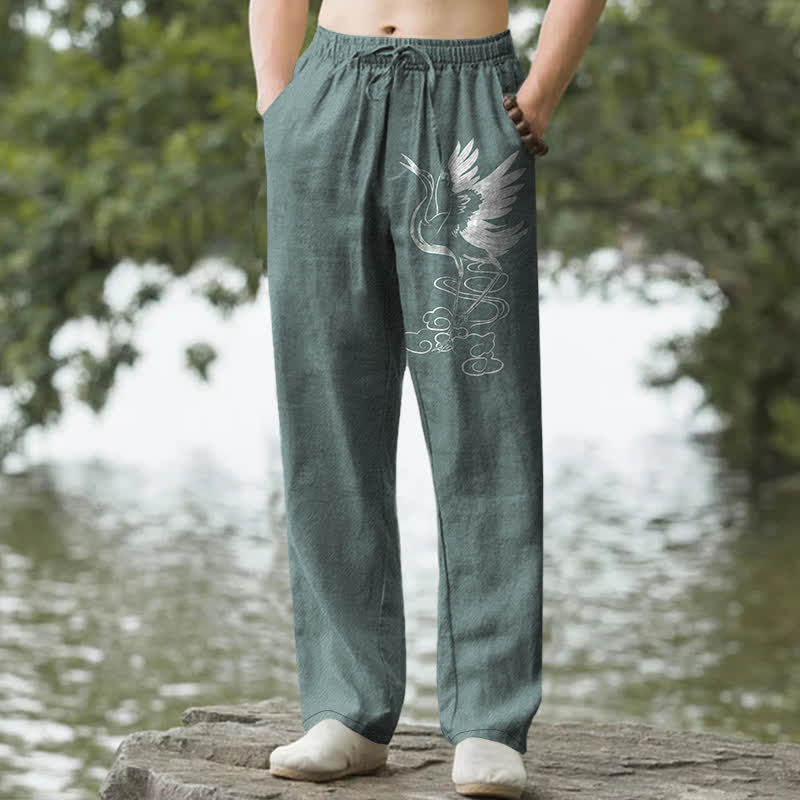 Nimara Ritual Cotton White Crane Wave Pattern Men's Tapered Pants With Pockets