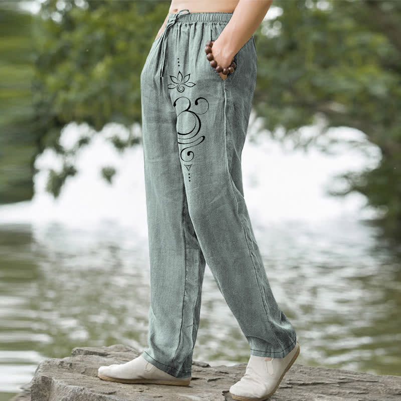 Nimara Ritual Cotton Zen Lotus Om Pattern Men's Tapered Pants With Pockets