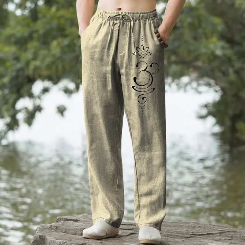 Nimara Ritual Cotton Zen Lotus Om Pattern Men's Tapered Pants With Pockets
