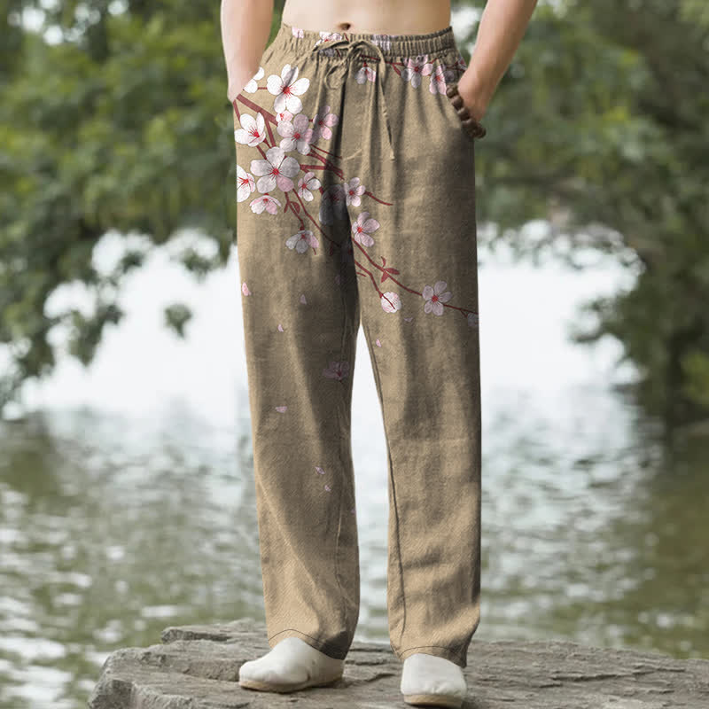 Nimara Ritual Cotton Pink Sakura Blossom Pattern Men's Tapered Pants With Pockets