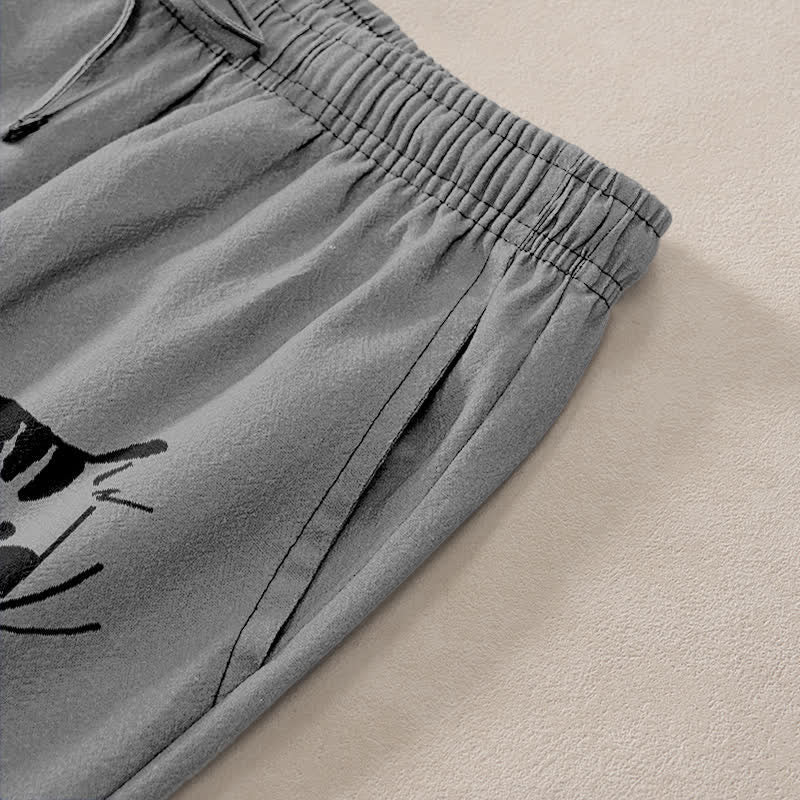 Nimara Ritual Cotton Black Cat Sketch Pattern Men's Tapered Pants With Pockets
