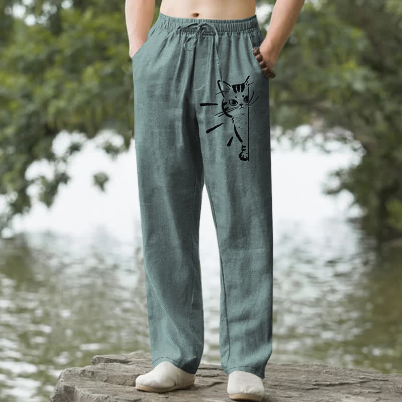 Nimara Ritual Cotton Black Cat Sketch Pattern Men's Tapered Pants With Pockets