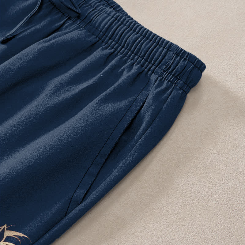 Nimara Ritual Cotton Golden Running Horse Pattern Men's Tapered Pants With Pockets