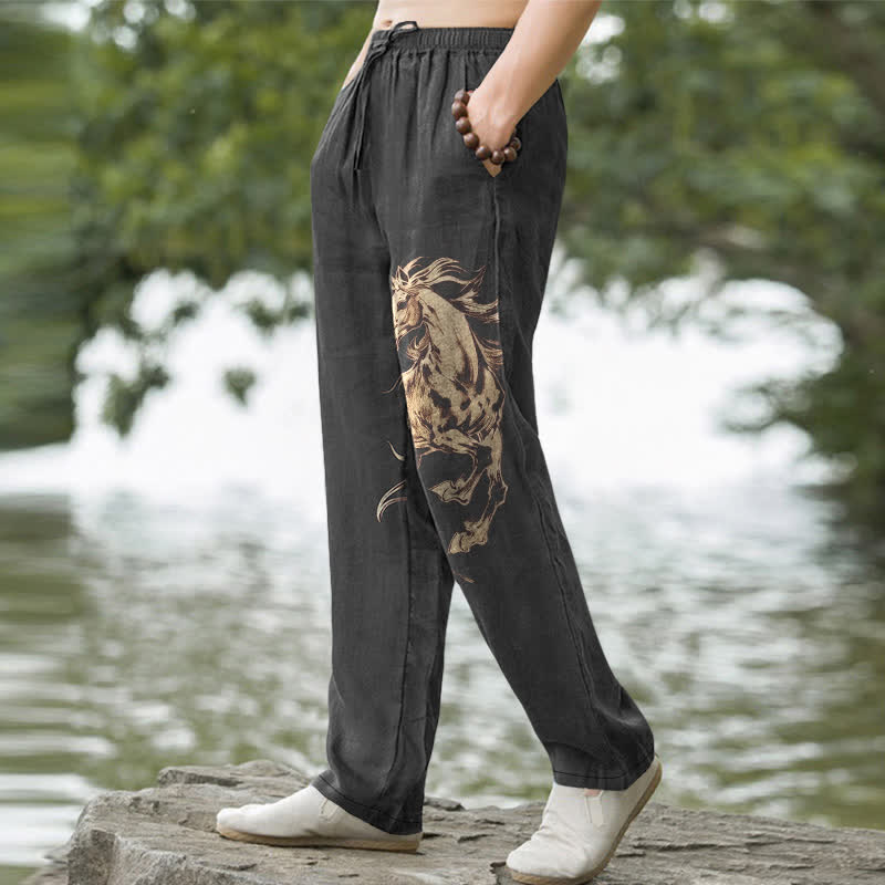 Nimara Ritual Cotton Golden Running Horse Pattern Men's Tapered Pants With Pockets