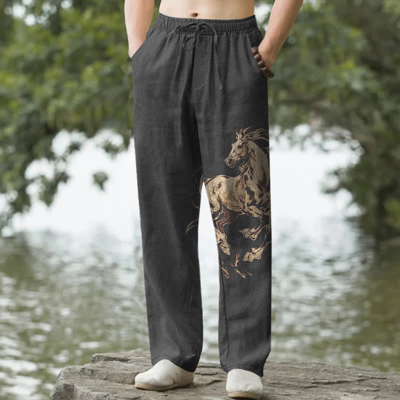 Nimara Ritual Cotton Golden Running Horse Pattern Men's Tapered Pants With Pockets