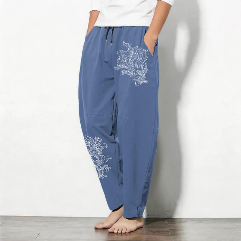 Nimara Ritual Pure Cotton Koi Dragon Pattern Drawstring Men's Tapered Pants With Pockets