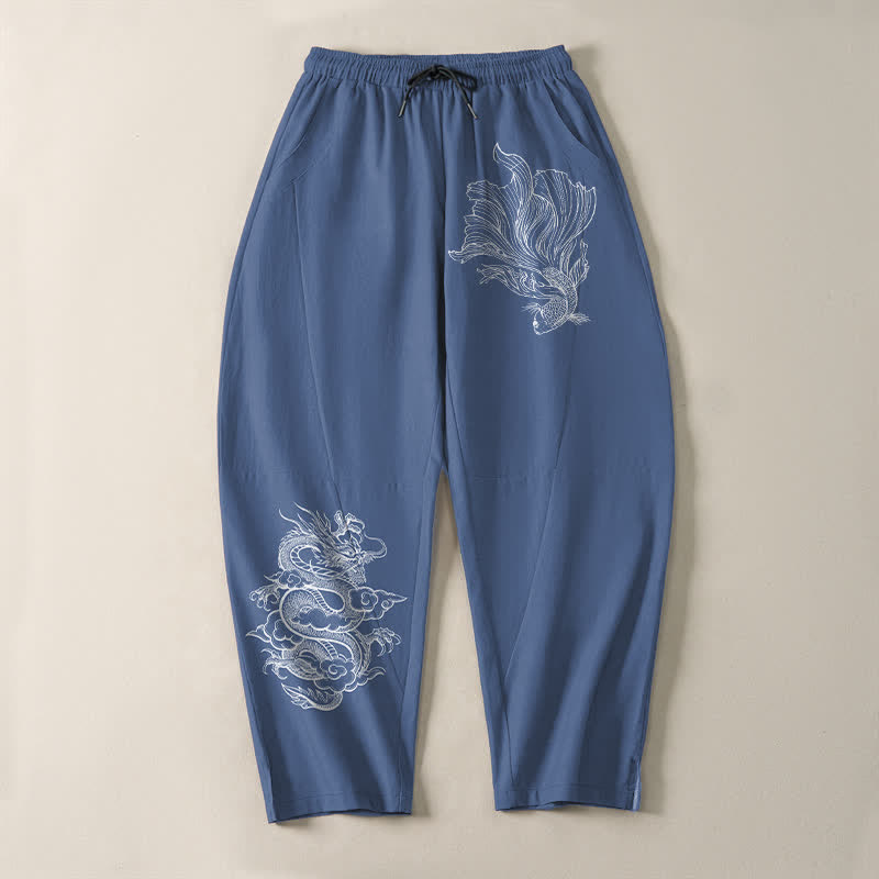 Nimara Ritual Pure Cotton Koi Dragon Pattern Drawstring Men's Tapered Pants With Pockets