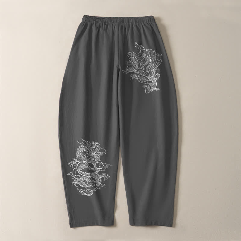 Nimara Ritual Pure Cotton Koi Dragon Pattern Drawstring Men's Tapered Pants With Pockets
