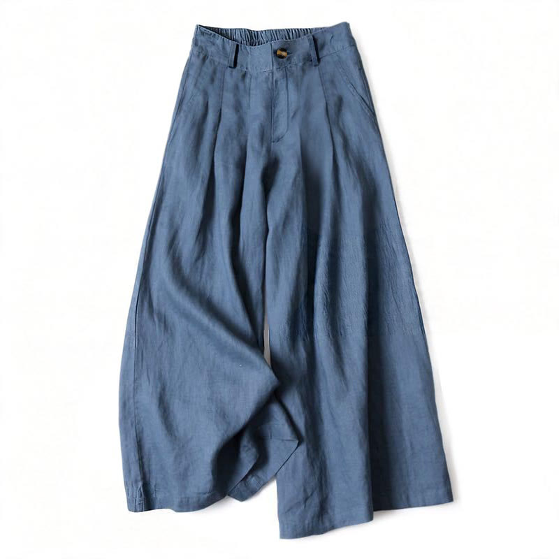 Nimara Ritual Summer Elegant Solid Elastic Waist Button Zipper Design Cotton Linen Long Pants Women's Wide Leg Pants With Pockets