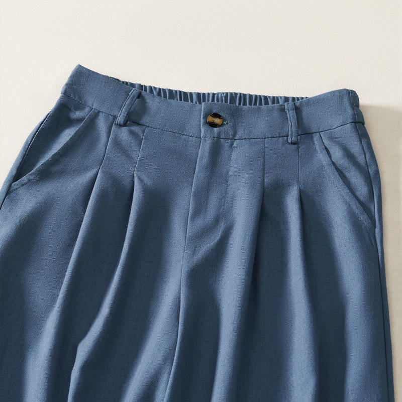 Nimara Ritual Summer Elegant Solid Elastic Waist Button Zipper Design Cotton Linen Long Pants Women's Wide Leg Pants With Pockets