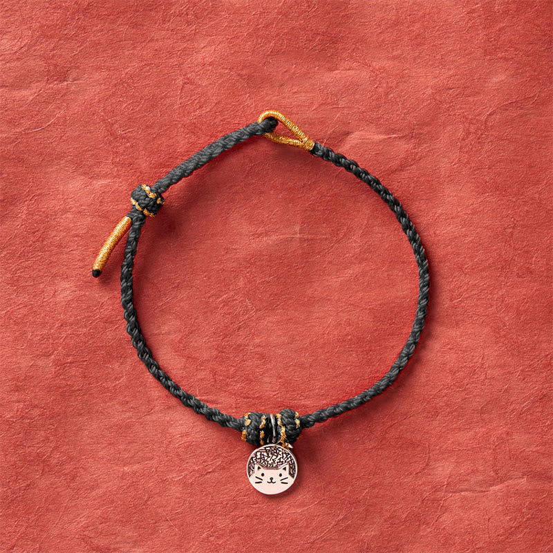 Nimara Ritual 925 Sterling Silver Kitten Eating Fish Round Pendant Prosperity Red Black String Braided Bracelet