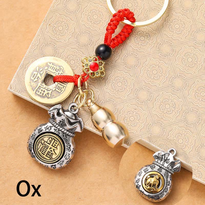Nimara Ritual Braided Red String Chinese Zodiac Five Emperor Coins Protection Keychains
