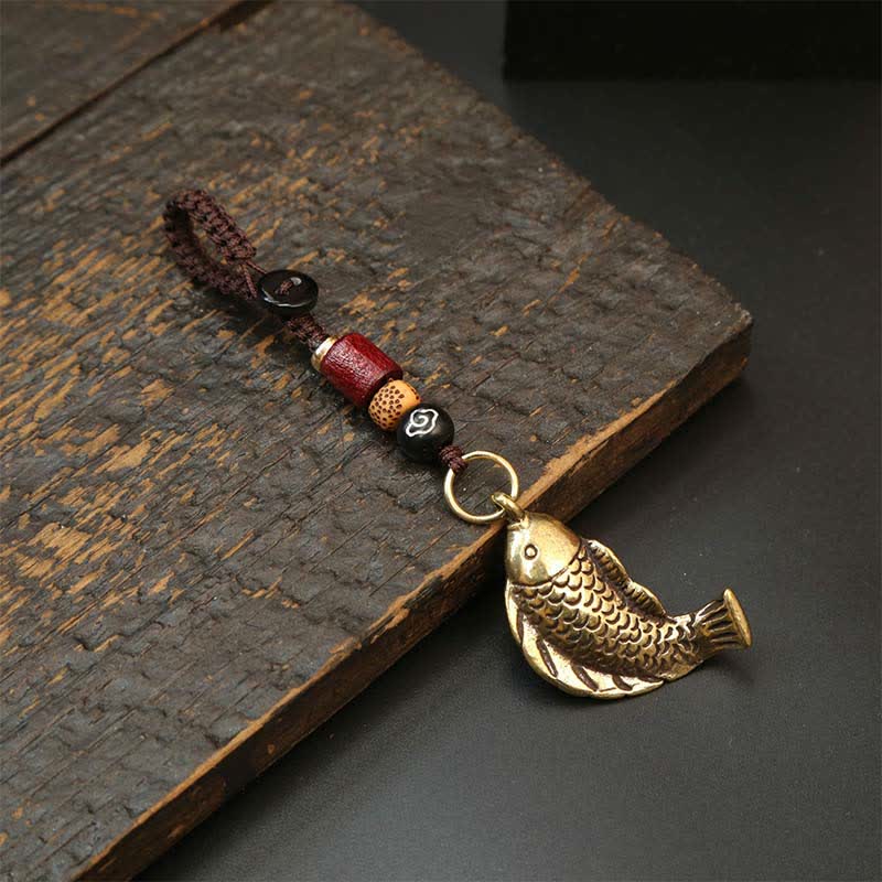 Nimara Ritual Brass Koi Fish Gourd Five Emperor Coins Wealth Braided Keychains