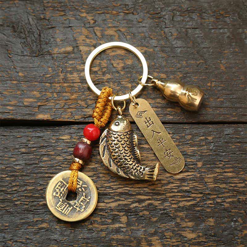 Nimara Ritual Brass Koi Fish Gourd Five Emperor Coins Wealth Braided Keychains