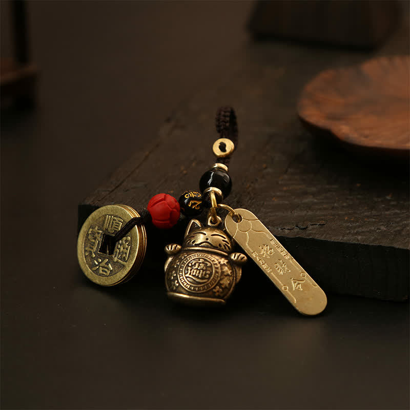 Nimara Ritual Brass Lucky Cat Chinese Coin Wealth Keychains