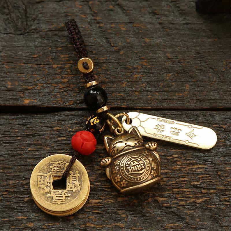 Nimara Ritual Brass Lucky Cat Chinese Coin Wealth Keychains