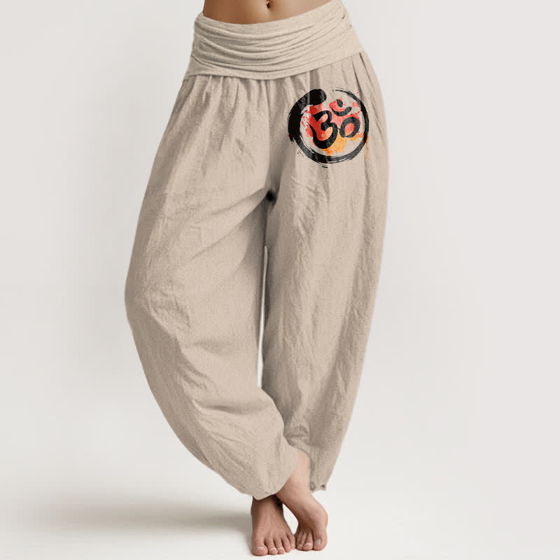 Nimara Ritual Pure Cotton Black Circle Red Symbol Pattern Women's Elastic Waist Harem Pants