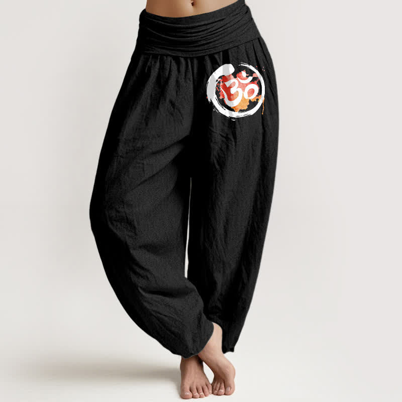 Nimara Ritual Pure Cotton Black Circle Red Symbol Pattern Women's Elastic Waist Harem Pants