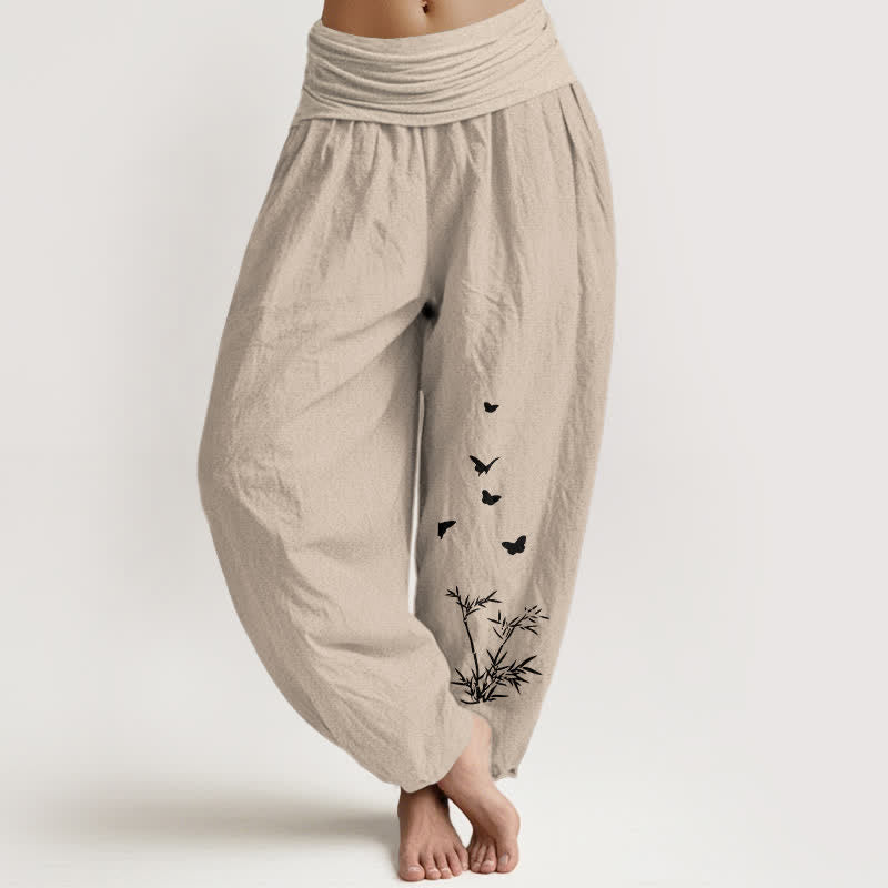 Nimara Ritual Pure Cotton Butterfly Bamboo Leaf Pattern Women's Elastic Waist Harem Pants
